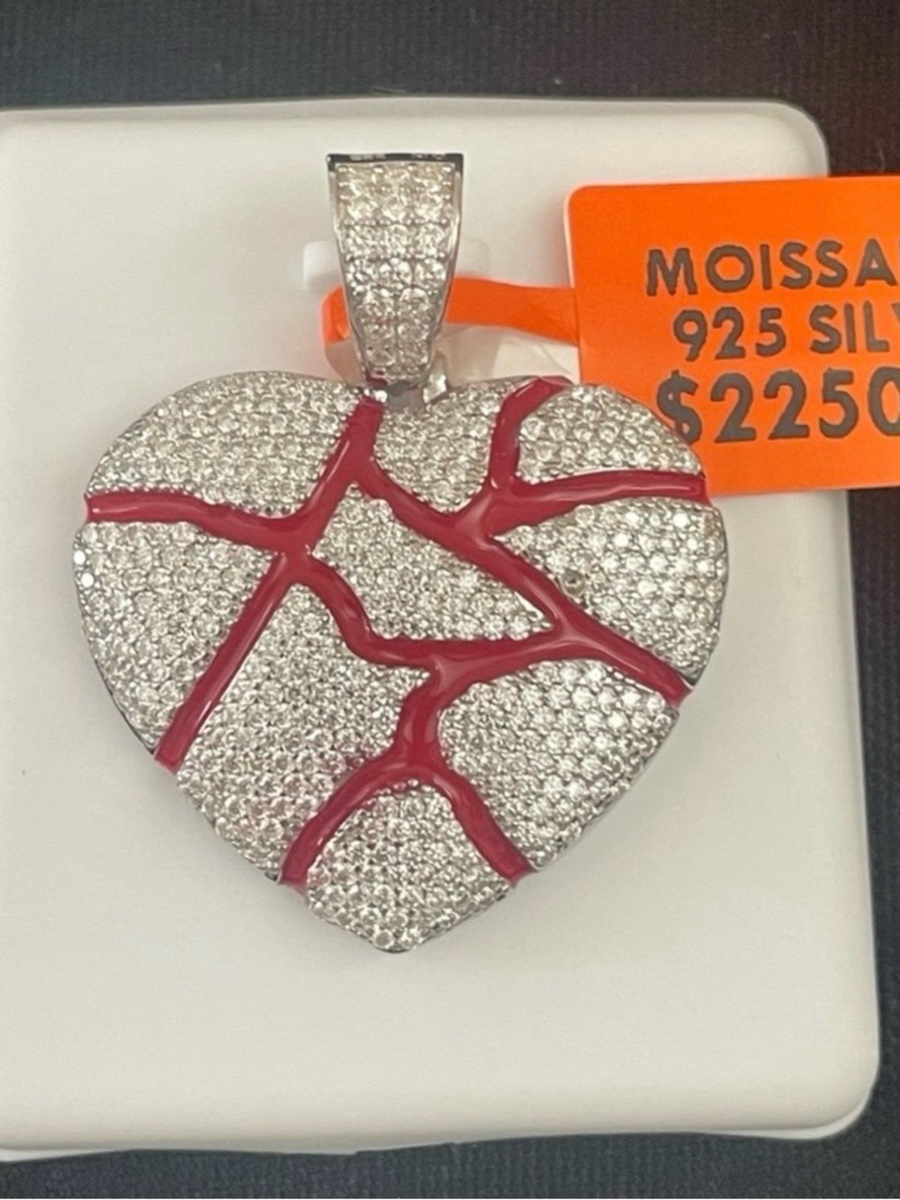 Rhodium plated over 925 silver 5.00ctw Moissanite heart pendant with red accents